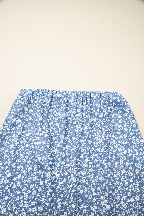 Sky Blue Boho Floral High Waist Long Skirt With Side Split